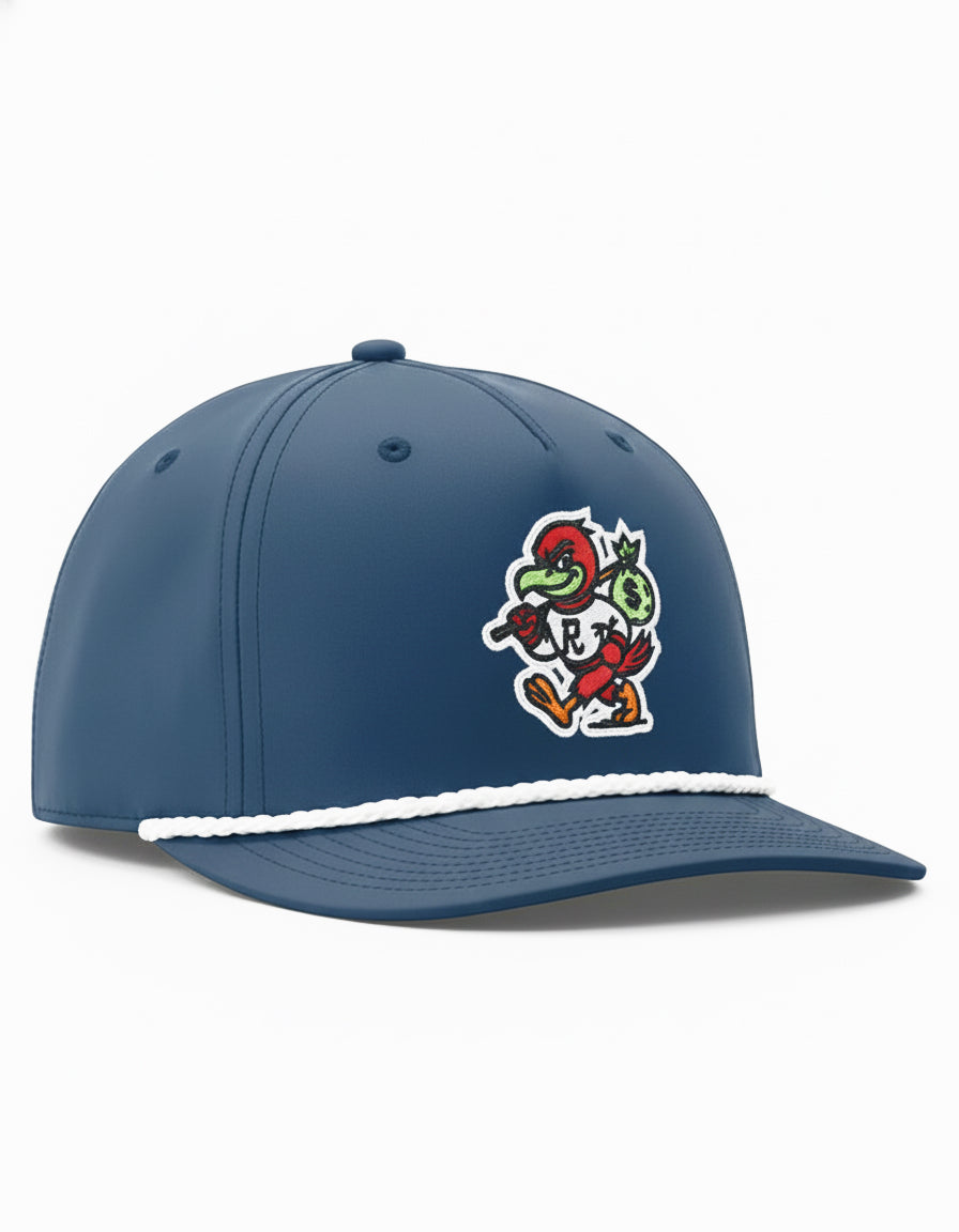 Navy rope hat by RallyFuel, three-quarter front view with mascot embroidery