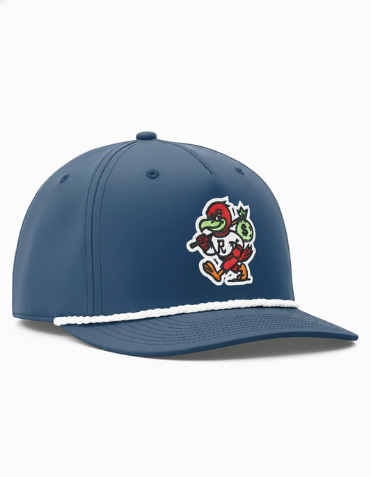 Navy rope hat by RallyFuel, three-quarter front view with mascot embroidery