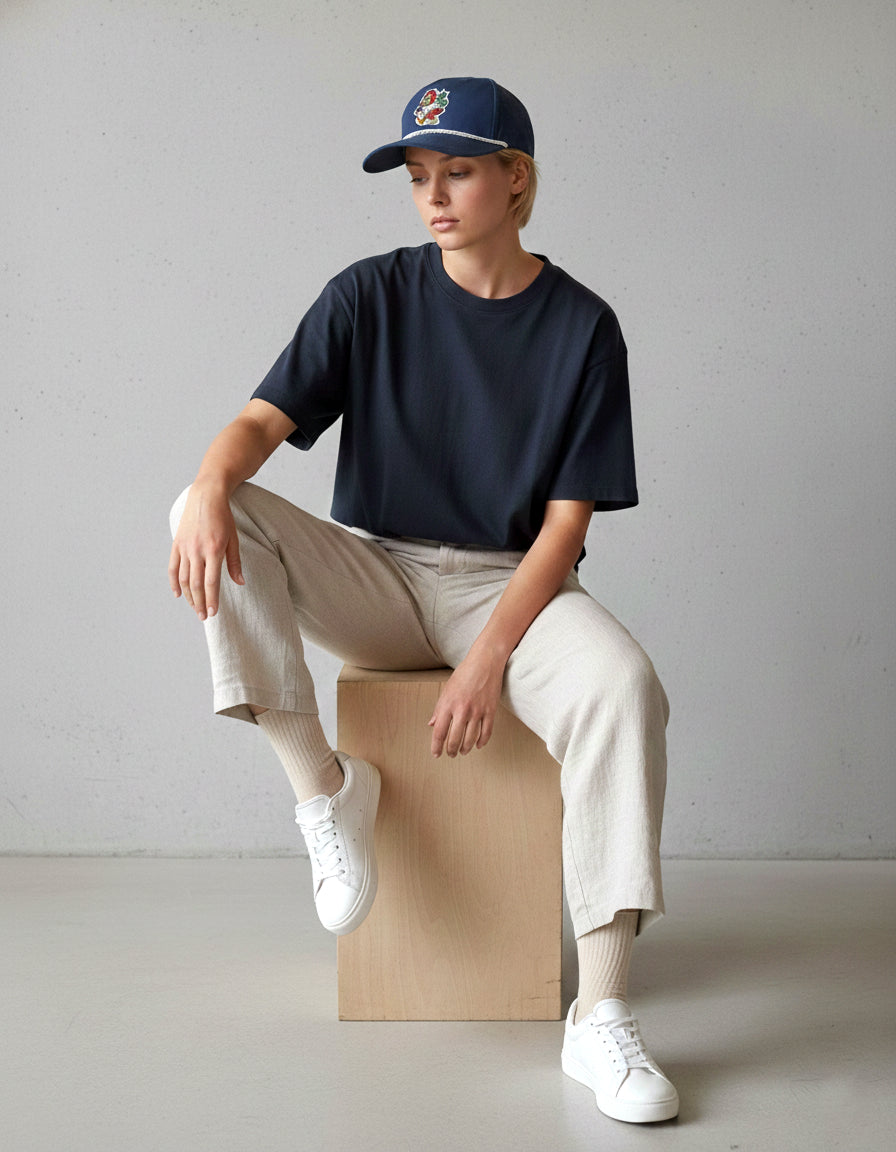 Man in a black t-shirt and white sneakers seated, wearing the navy RallyFuel rope hat