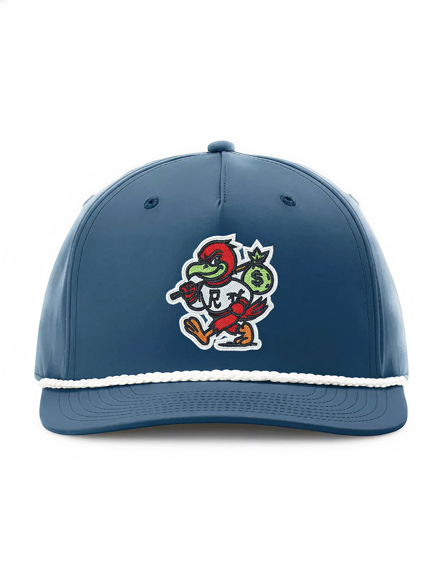 Navy rope hat by RallyFuel, front view with mascot embroidery and white rope trim