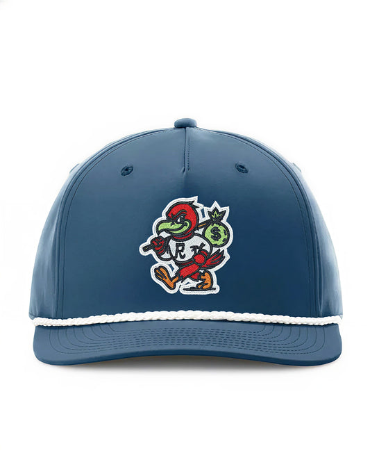 Navy rope hat by RallyFuel, front view with mascot embroidery and white rope trim