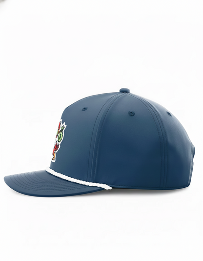 Navy rope hat by RallyFuel, side view showing the curved brim and white rope