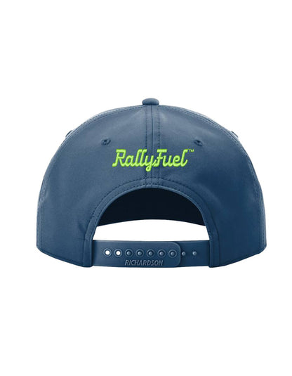 Navy rope hat by RallyFuel, back view with RallyFuel script embroidery and snapback closure