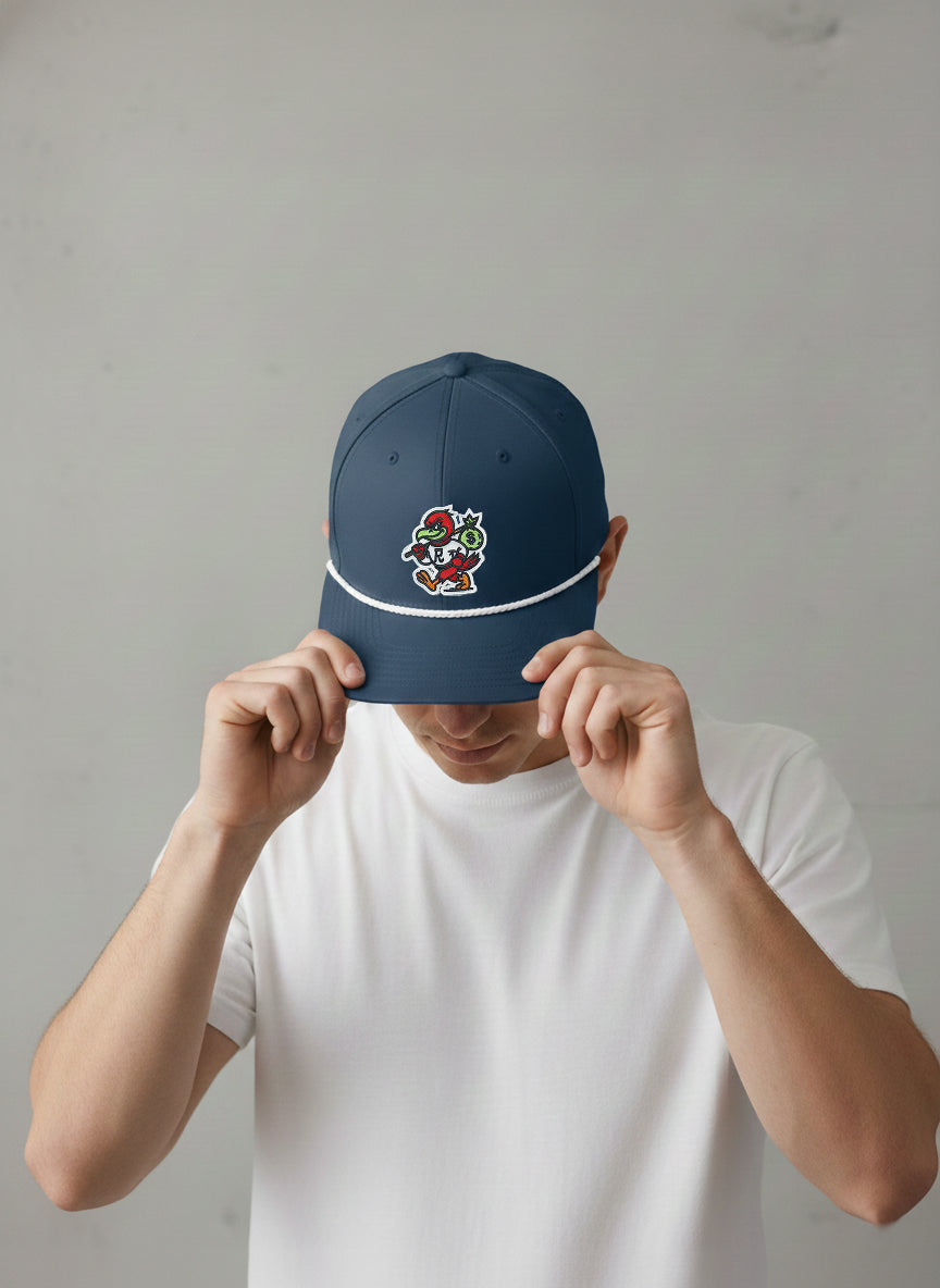 Man in a white t-shirt wearing the navy RallyFuel rope hat, adjusting the brim