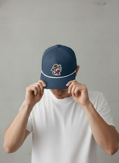 Man in a white t-shirt wearing the navy RallyFuel rope hat, adjusting the brim