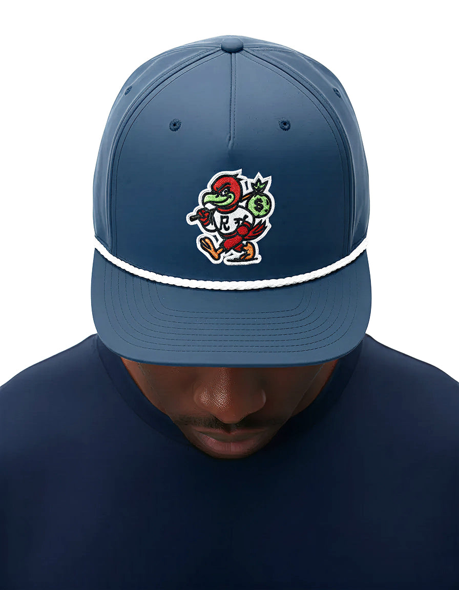 Navy RallyFuel rope hat worn with the head tilted down, mascot embroidery facing the camera
