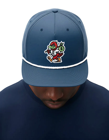 Navy RallyFuel rope hat worn with the head tilted down, mascot embroidery facing the camera