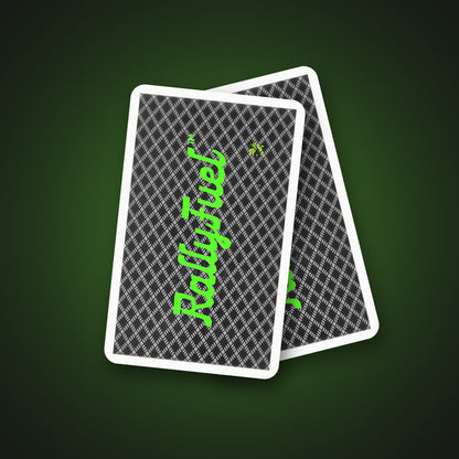 Two RallyFuel playing cards showing the black diamond-lattice back and lime RallyFuel script