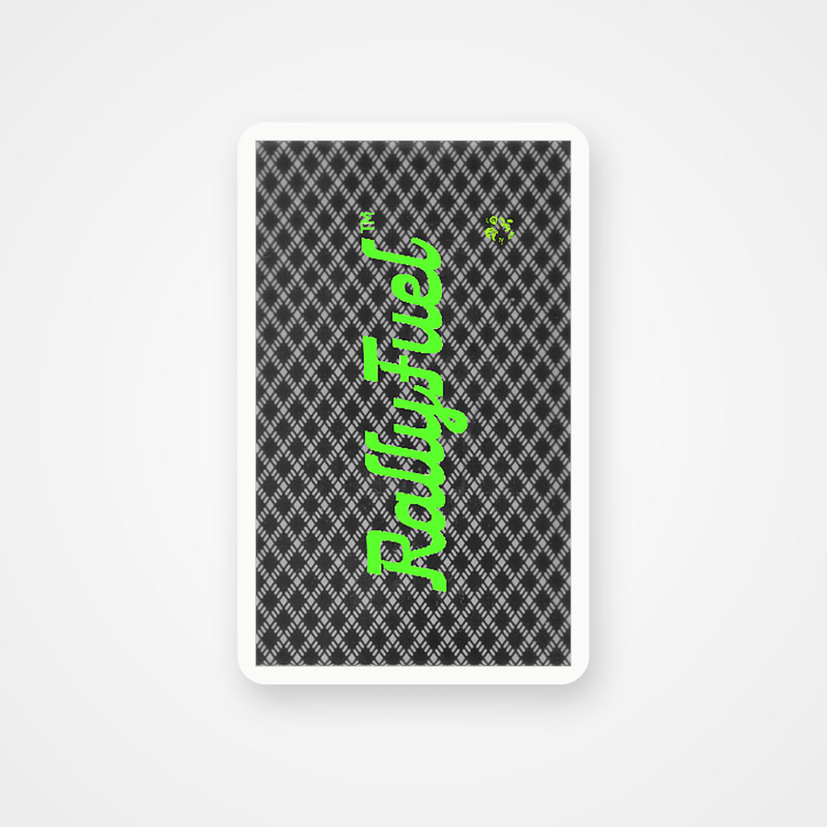 RallyFuel playing cards in a clear case, black diamond-pattern back with lime RallyFuel logo
