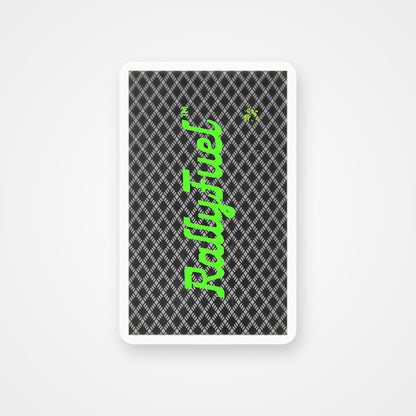 RallyFuel playing cards in a clear case, black diamond-pattern back with lime RallyFuel logo