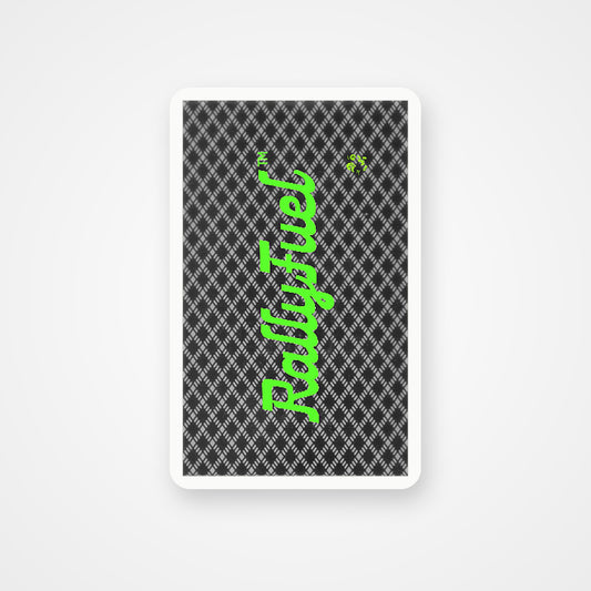 RallyFuel playing cards in a clear case, black diamond-pattern back with lime RallyFuel logo